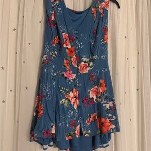 Torrid Blue Dress with Red Floral Accents
